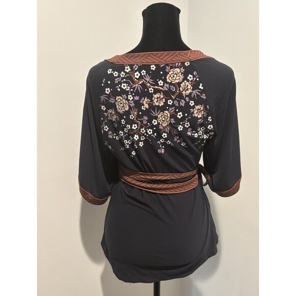 BCBG Y2K Vintage Blue Brown Kimono Wrap Asian Japanese Print Split Sleeves Top S - Picture 3 of 9